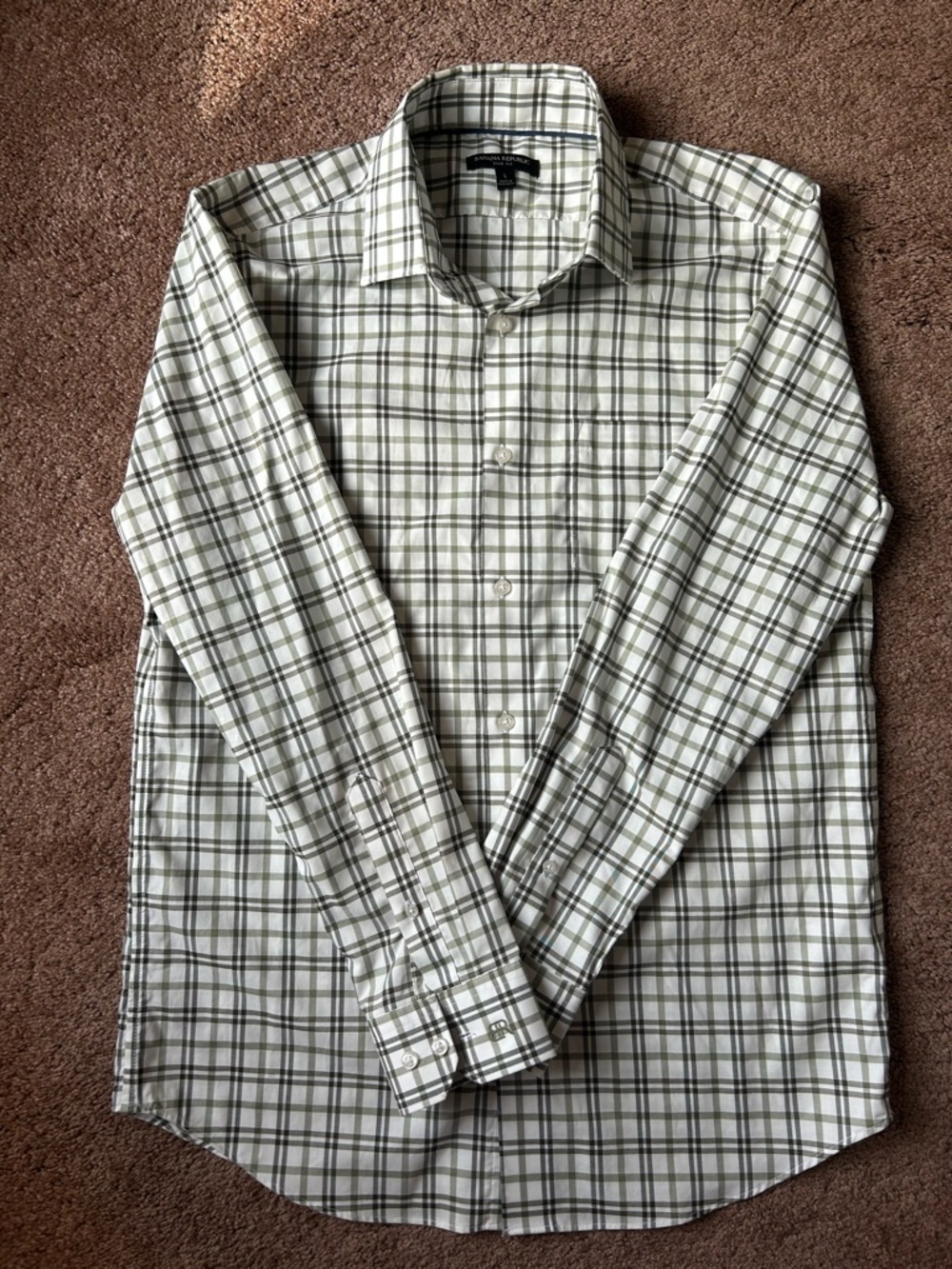 Banana Republic White and Green Plaid Dress Shirt